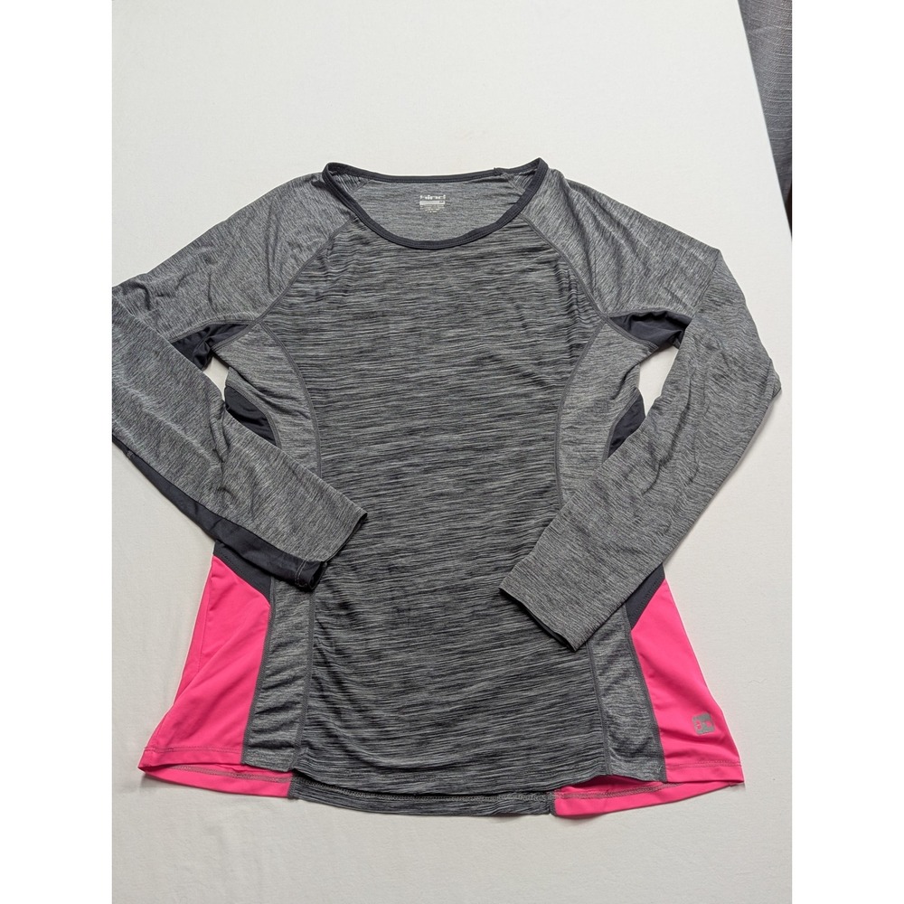 Hind Womens Long Sleeve Active Top Grey Pink Space Dye Crew Neck Size M